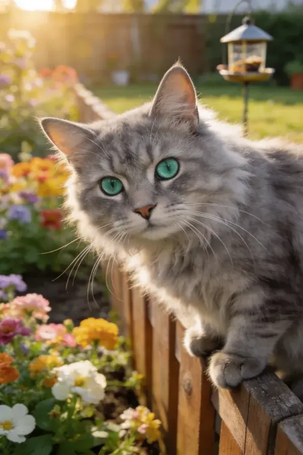长毛灰猫倚木栅栏眺望花园