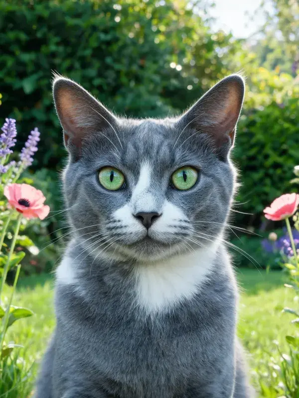 花园绿意中灰白短毛家猫