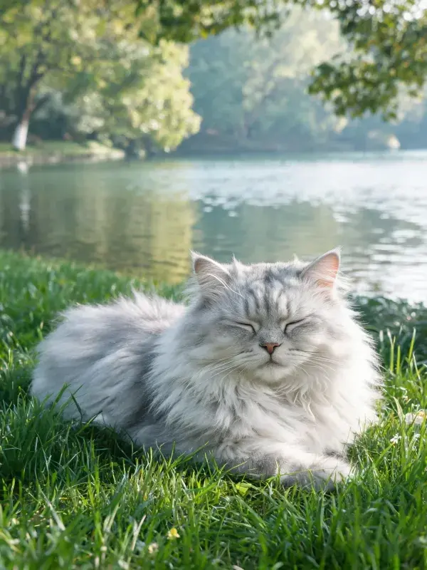 湖畔草地上长毛银虎斑猫休憩