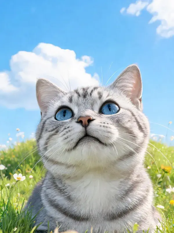 银色虎斑猫在草地野花间的状态