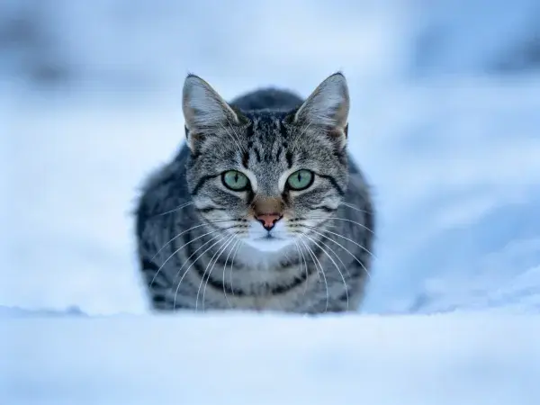凝视雪地中的灰褐斑纹短毛猫
