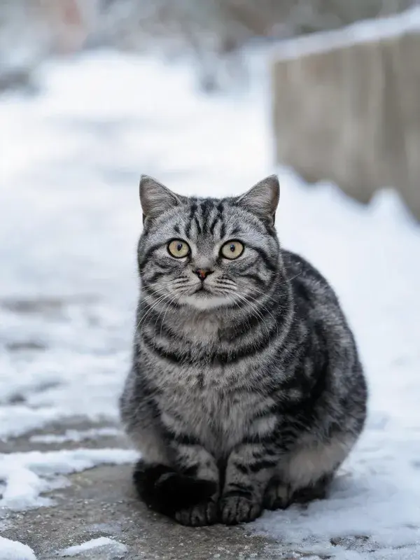 银虎斑短毛猫坐立在冰雪地面上