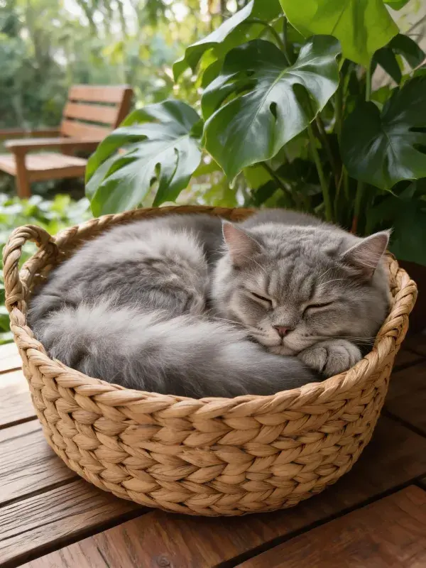 灰色长毛猫在篮筐内的休憩