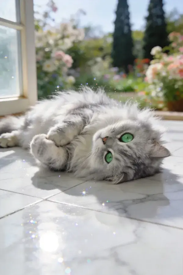窗边地砖上的长毛灰白波斯猫