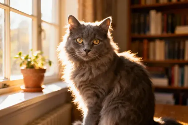 窗边暖光下灰色英国长毛猫的特写场景