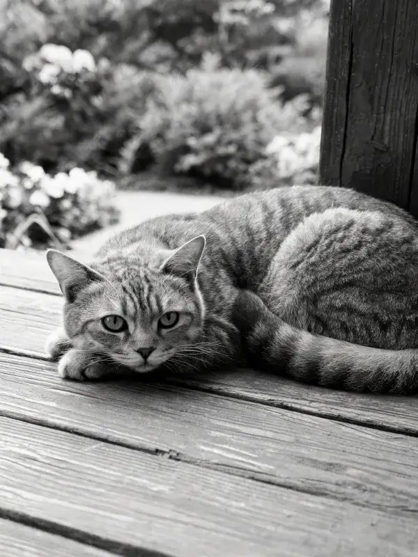 短毛虎斑家猫在木质平台上的休憩姿态