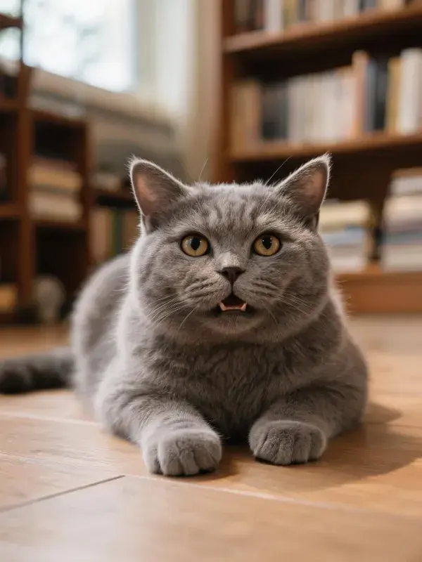 室内书架旁木质地板上的英国短毛猫