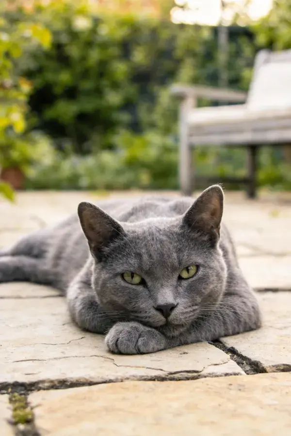 露天花园石板地面上的俄罗斯蓝猫