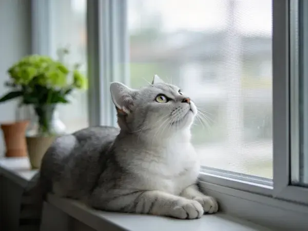 窗台上灰短毛猫观察户外景象
