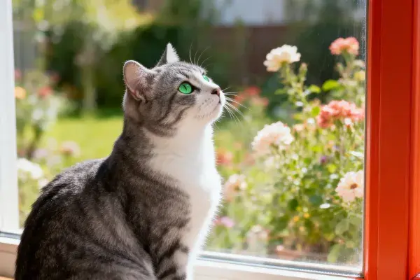 窗边凝望的短毛虎斑猫