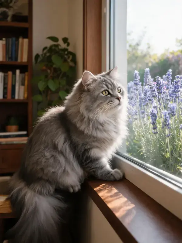 长毛灰色挪威森林猫窗边凝视景象