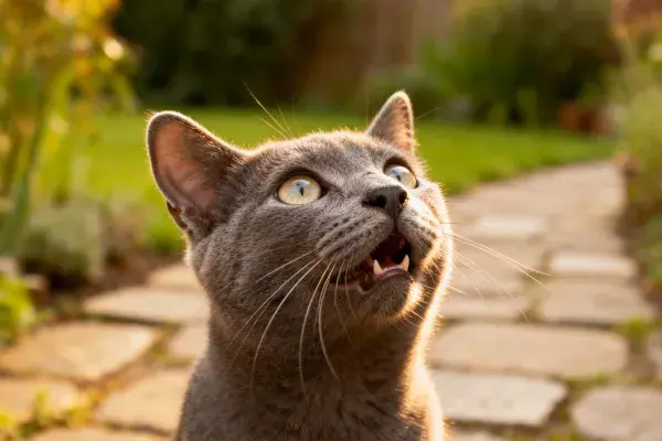 花园石板路旁的灰色俄罗斯蓝猫