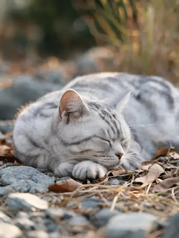 银灰虎斑猫在石块落叶间的睡眠姿态