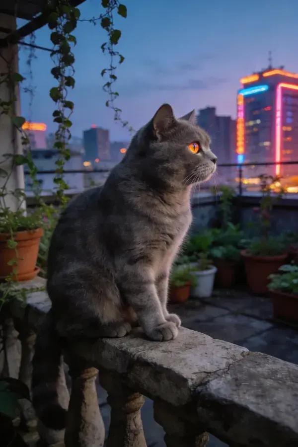 英国短毛猫于城市露台眺望夜景
