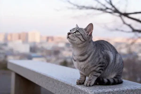 虎斑短毛猫于石制平台上眺望
