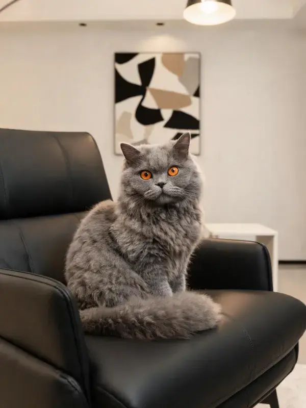 现代客厅中英短蓝猫的安静姿态