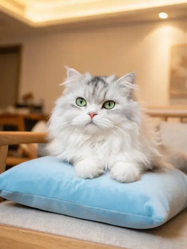 长毛银渐层猫在蓝色软垫上的姿态