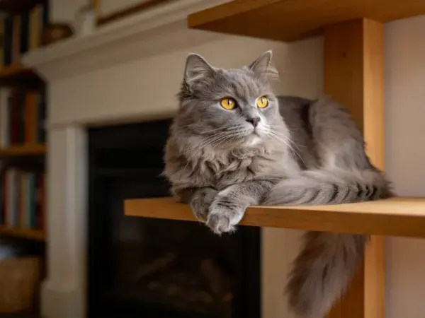 长毛灰色英国长毛猫栖息于木质平台