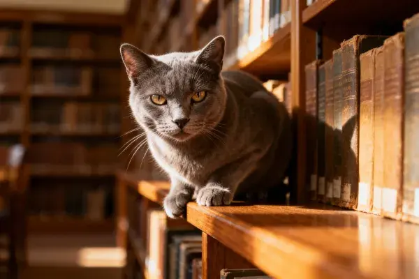 图书馆暖光下英短蓝猫栖息场景