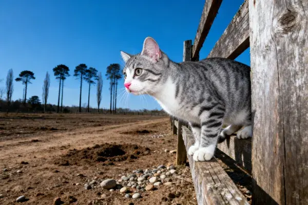 露天环境中灰虎斑短毛猫的木栅栏观察场景