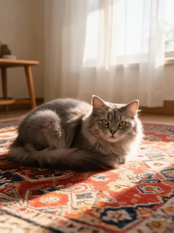 客厅暖光下的灰色长毛猫图景
