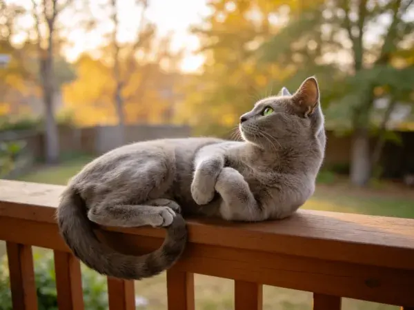 木栏杆上的俄罗斯蓝猫休憩场景