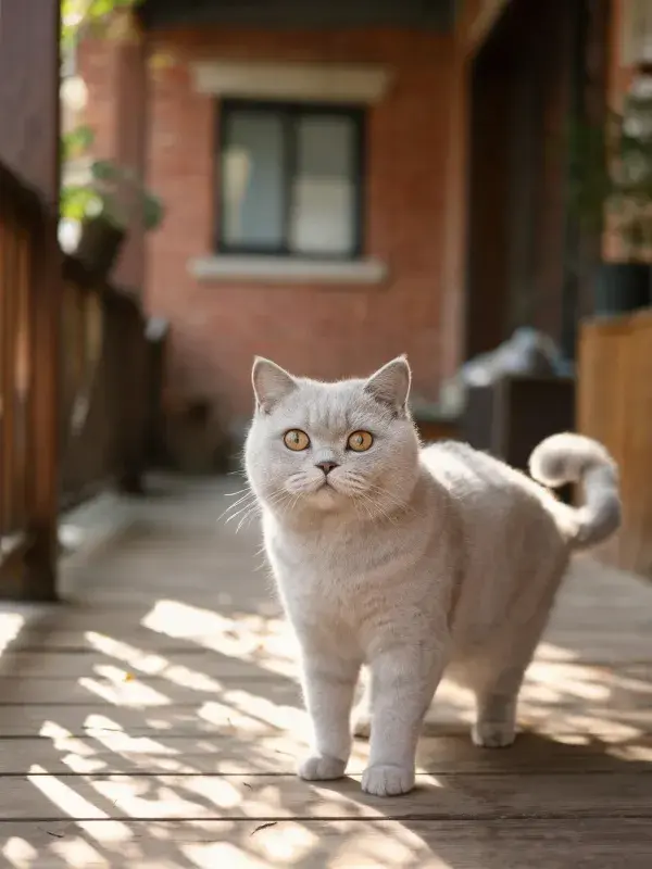 英国短毛猫于庭院木质平台上的观察姿态