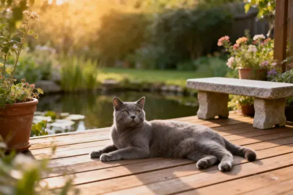 灰英国短毛猫静卧花园木平台处