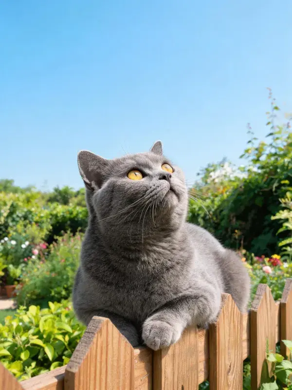 英国短毛猫于木栅栏处的观察姿态