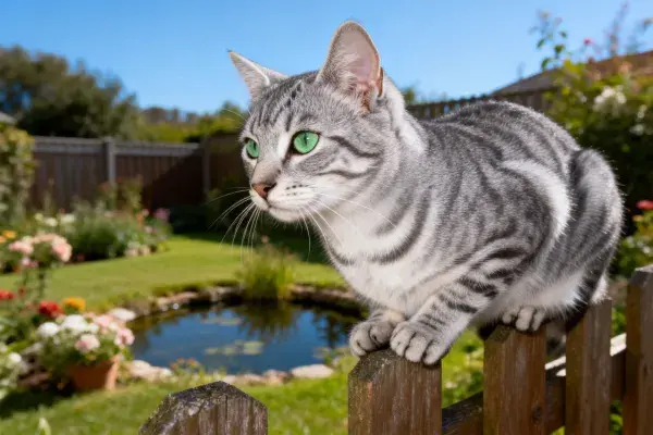 银虎斑短毛猫于庭院木栅栏上的姿态