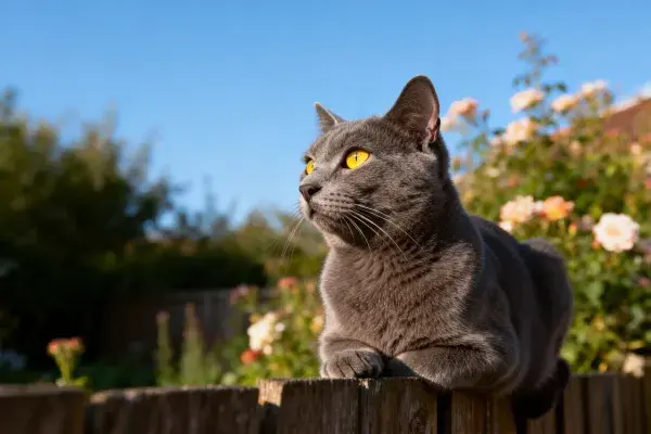 英短蓝猫在花园木栅栏上的姿态