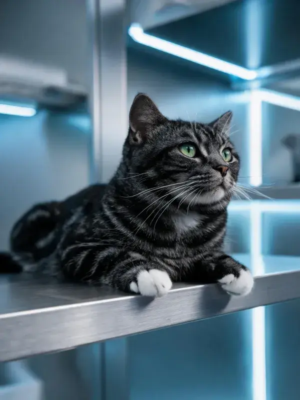 现代空间内灰虎斑短毛猫的休憩景象