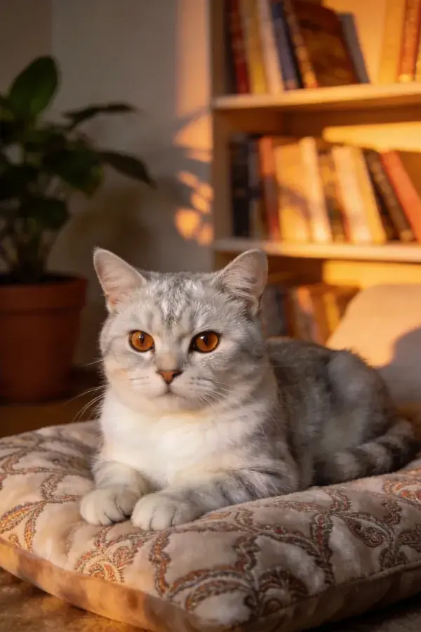 银灰白英国短毛猫在室内靠垫上休息