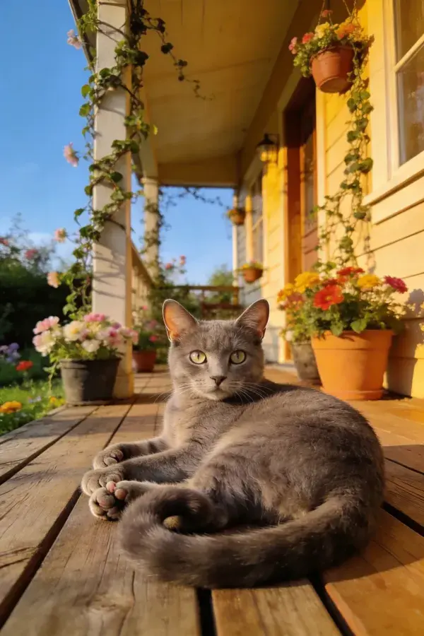 房前木廊上的灰俄罗斯蓝猫