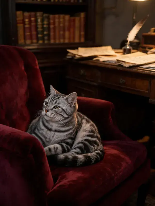银色虎斑猫在红色扶手椅上的姿态