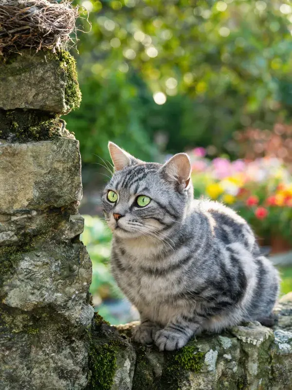 银虎斑短毛猫在石墙上的状态