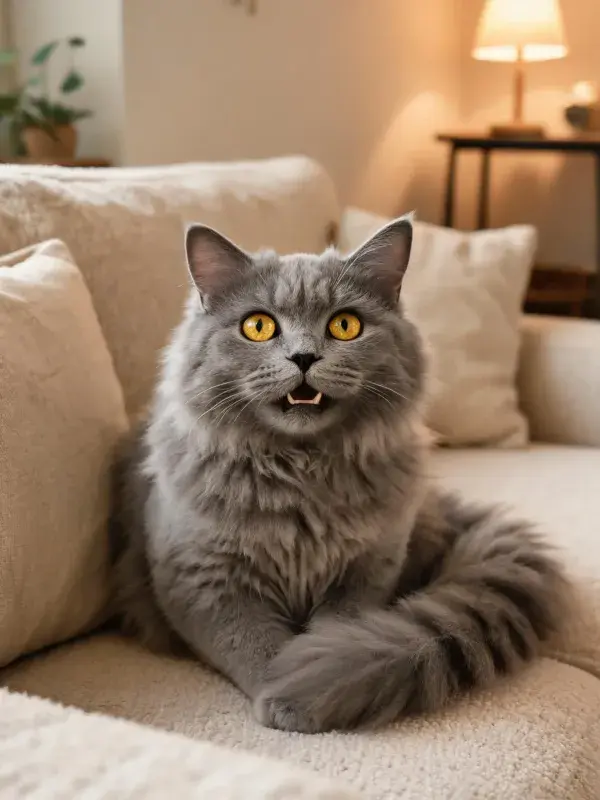 灰色英国长毛猫在沙发上的姿态