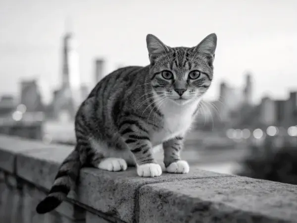 露天平台上石栏杆的短毛家猫