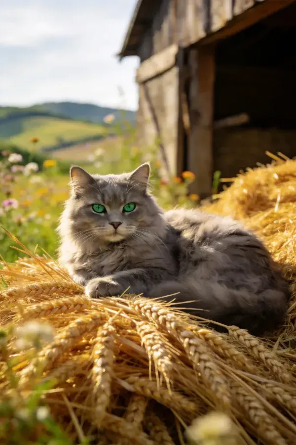 灰长毛家猫躺卧在麦穗堆上老房子旁