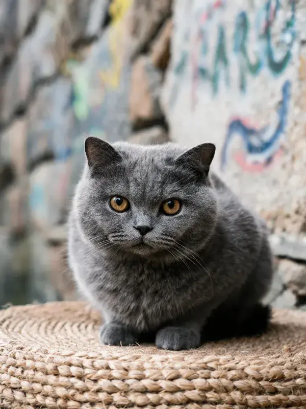 英国短毛猫在涂鸦墙面前的编织垫上