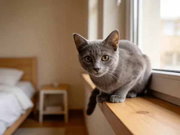 窗台上的灰俄罗斯蓝猫