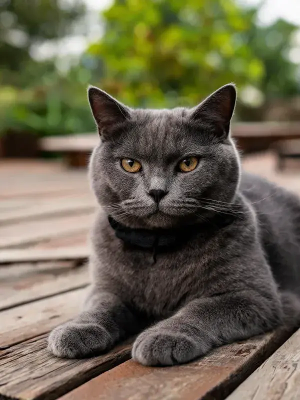 青灰色英国短毛猫在木质平台上的姿态