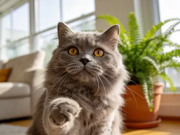 阳光下英国短毛猫抬爪瞬间
