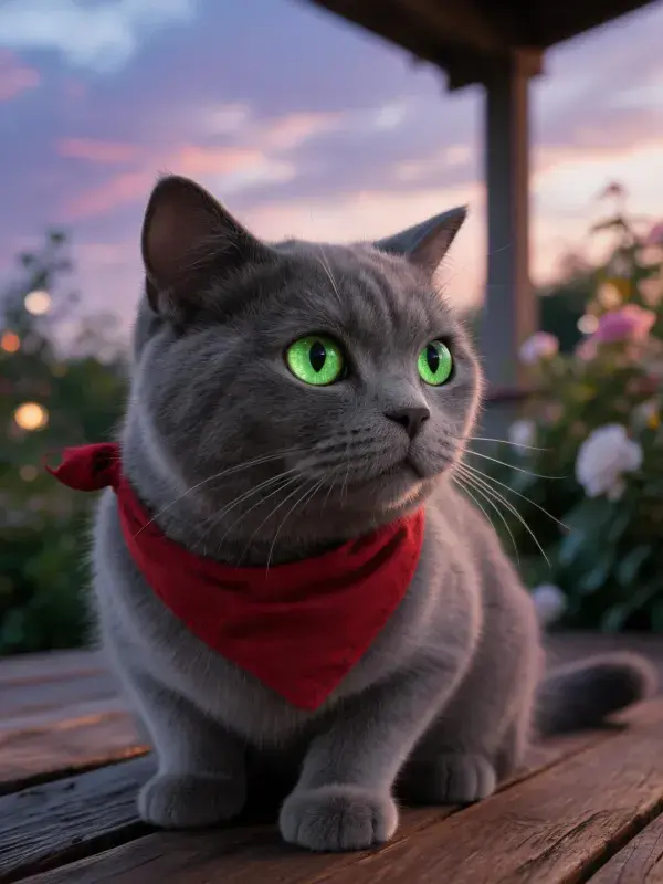 英国短毛猫戴红围巾坐在木质平台上