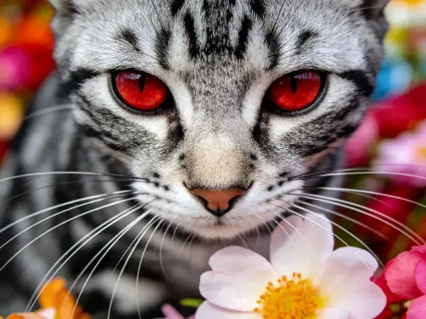 银虎斑短毛猫与花卉近距离场景