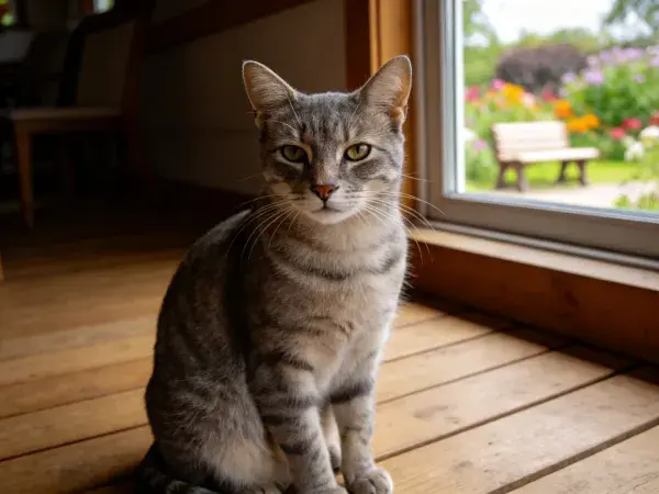窗边木质平台上灰虎斑猫特写
