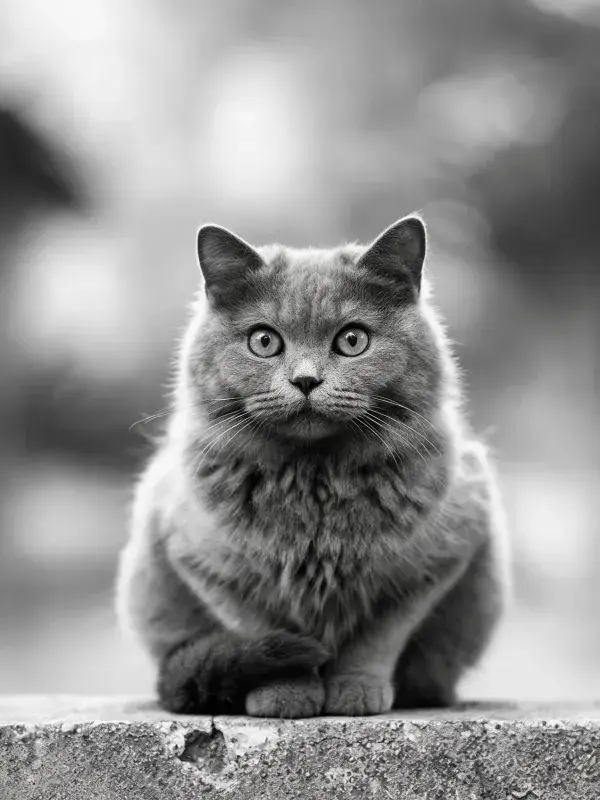 英国短毛猫坐在石质平台上的观察姿态
