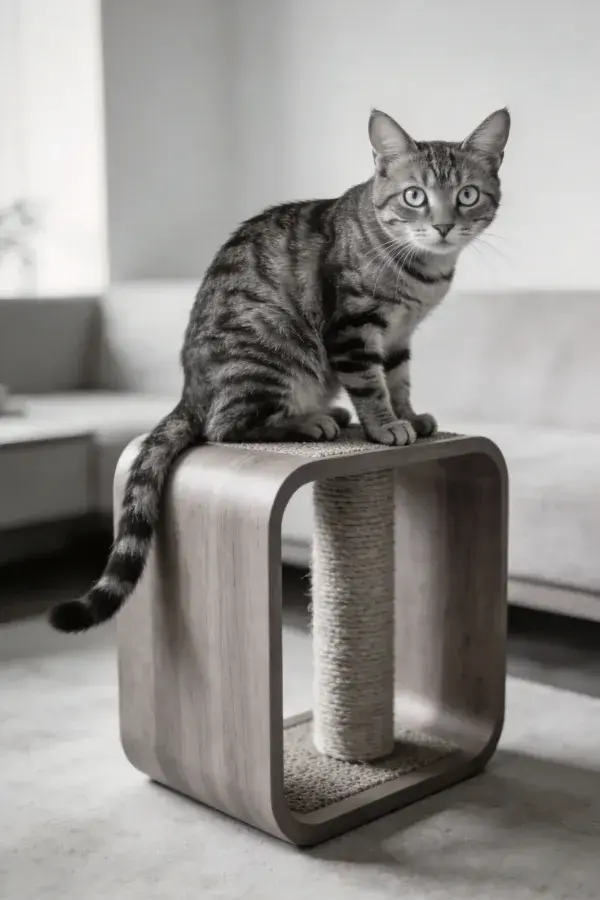 露出虎斑猫在木制猫爬架上的状态描述