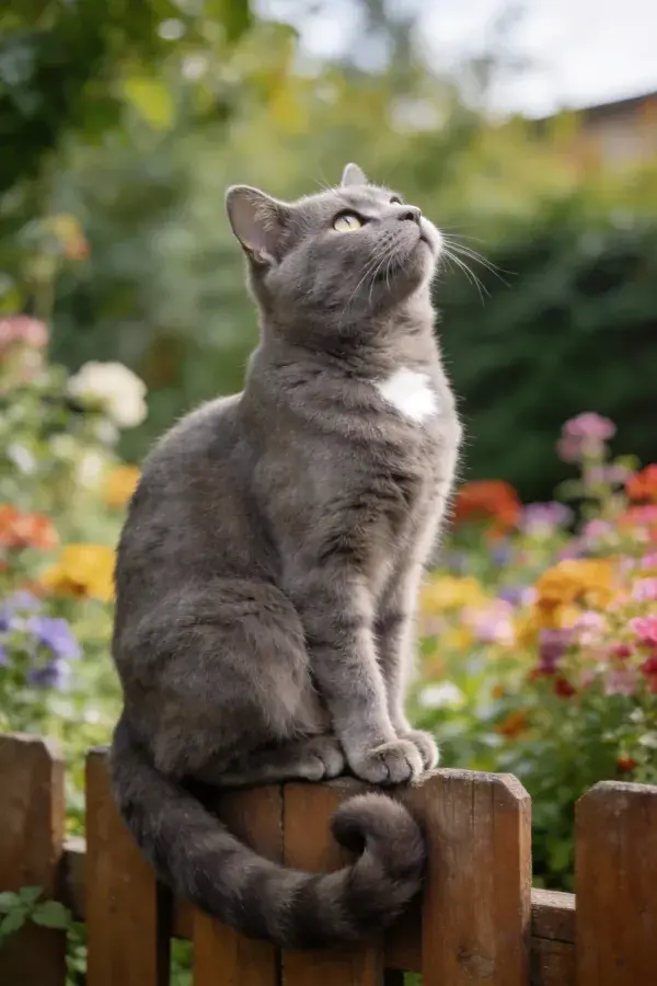 灰色英国短毛猫坐于木栅栏眺望花园