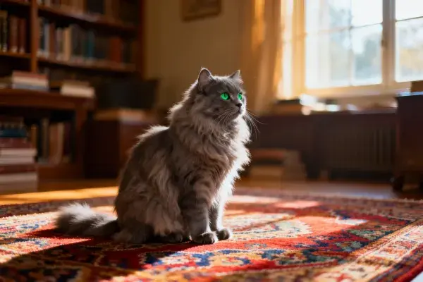 长毛灰色缅因猫在书房地毯上的姿态